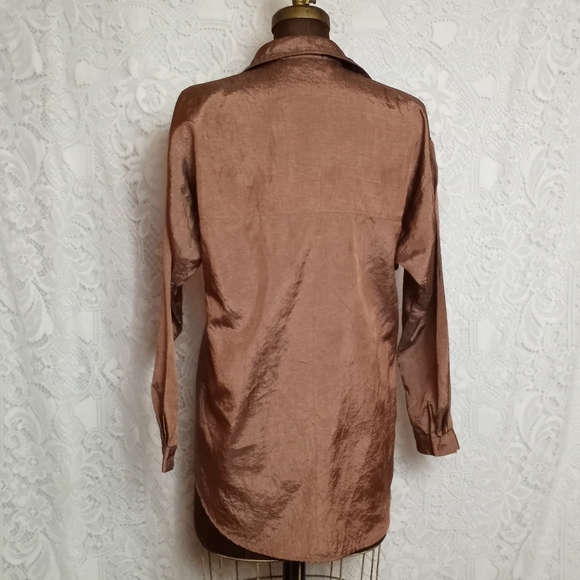Vintage 90s DVF Diane Von Furstenberg Metallic Bronze Long Sleeve Button Shirt - Picture 4 of 9